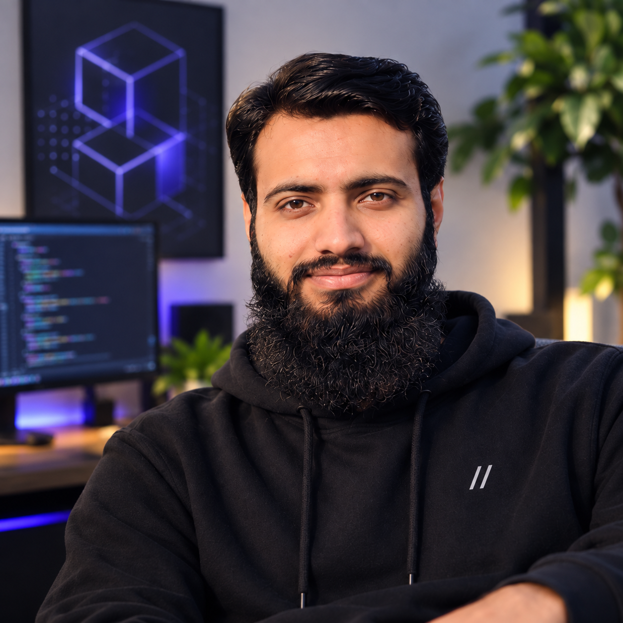 Portrait of Muhammad Awais at his desk