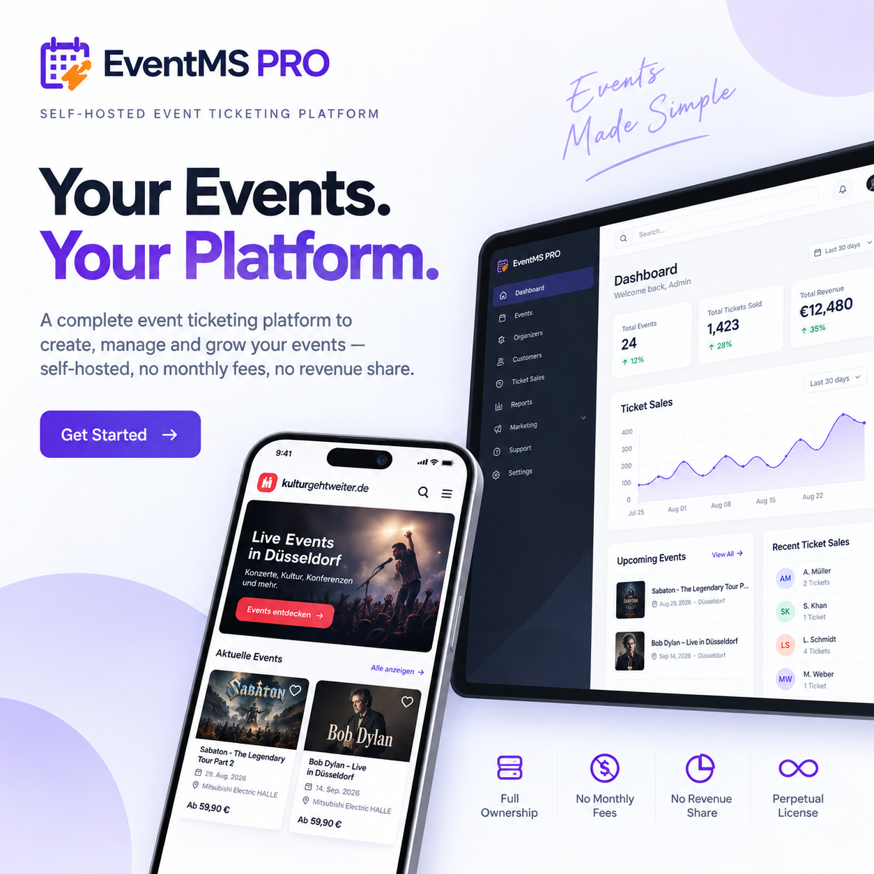 EventMS PRO event ticketing platform, showing the operator dashboard and public event listing