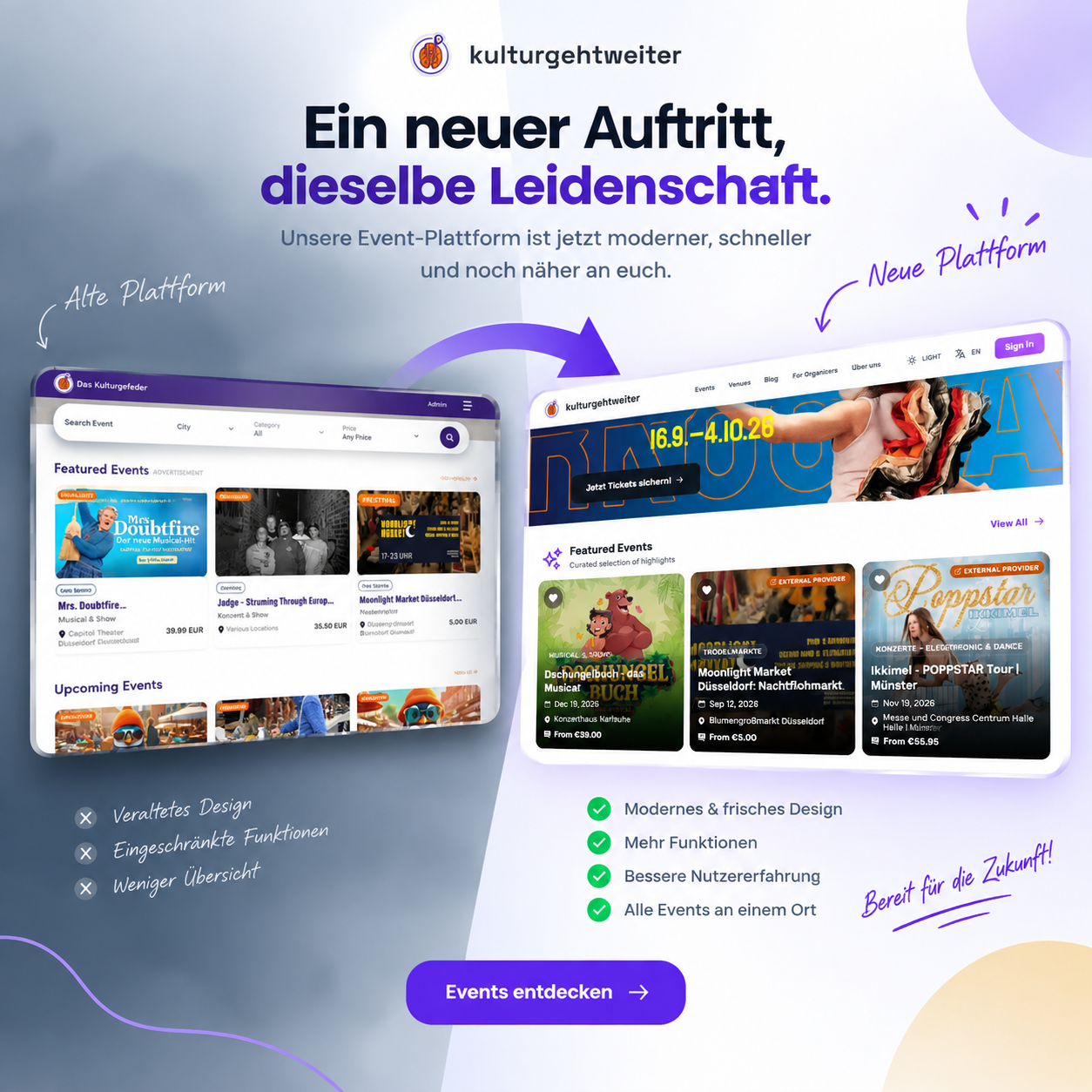 kulturgehtweiter.de events platform, comparing the previous interface with the rebuilt one